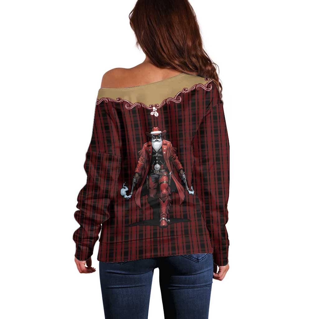 Western Yoke Off Shoulder Sweater Black Santa Cowboy Retro Style - Wonder Print Shop