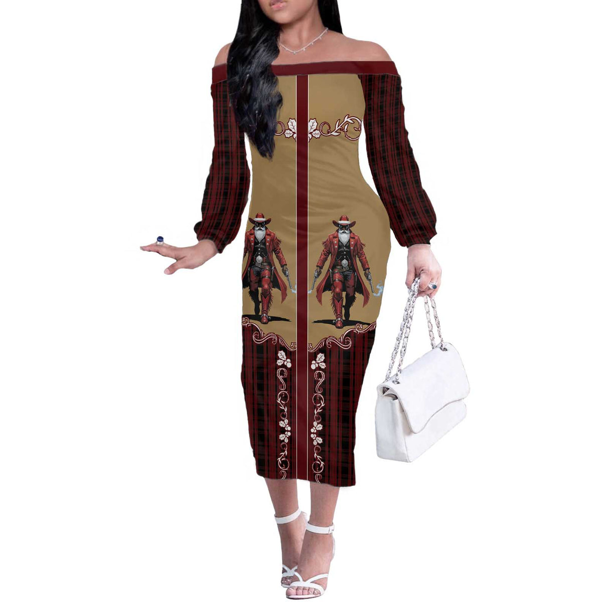 Western Yoke Off The Shoulder Long Sleeve Dress Black Santa Cowboy Retro Style - Wonder Print Shop