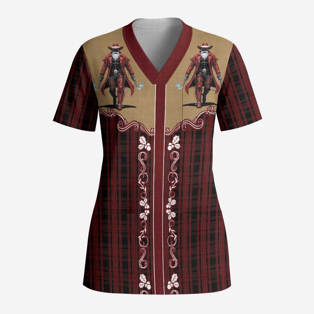 Western Yoke Scrub Top Black Santa Cowboy Retro Style - Wonder Print Shop