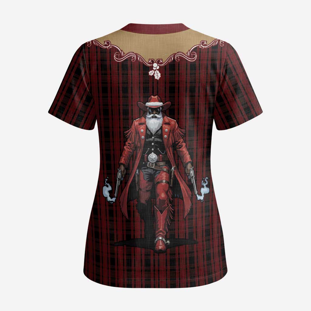 Western Yoke Scrub Top Black Santa Cowboy Retro Style - Wonder Print Shop