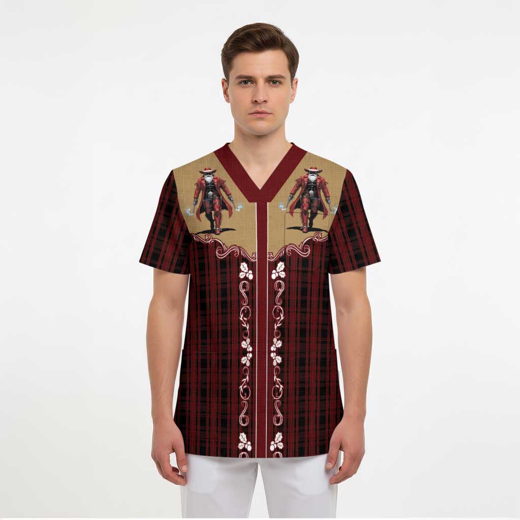 Western Yoke Scrub Top Black Santa Cowboy Retro Style - Wonder Print Shop