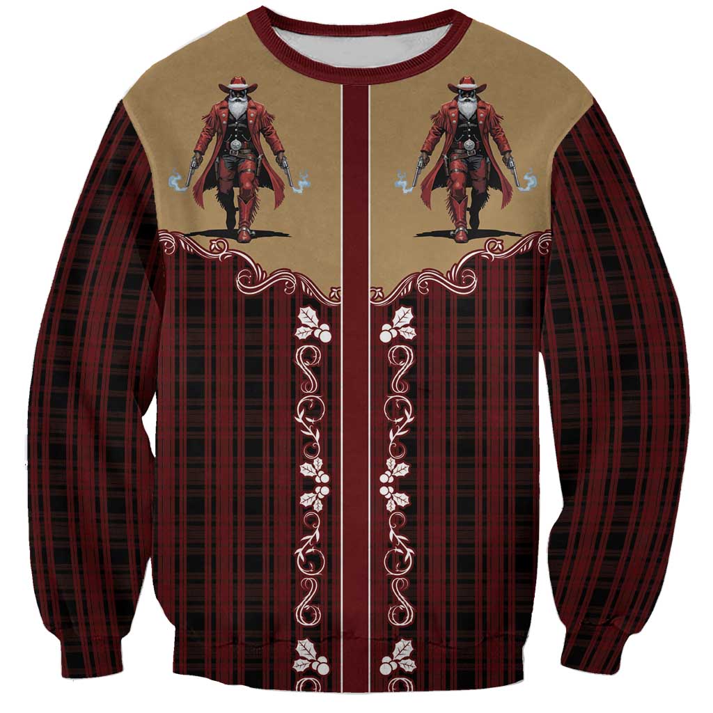 Western Yoke Sweatshirt Black Santa Cowboy Retro Style - Wonder Print Shop