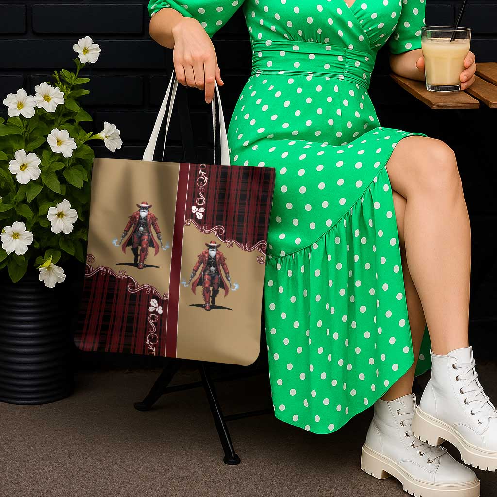 Western Yoke Tote Bag Black Santa Cowboy Retro Style - Wonder Print Shop