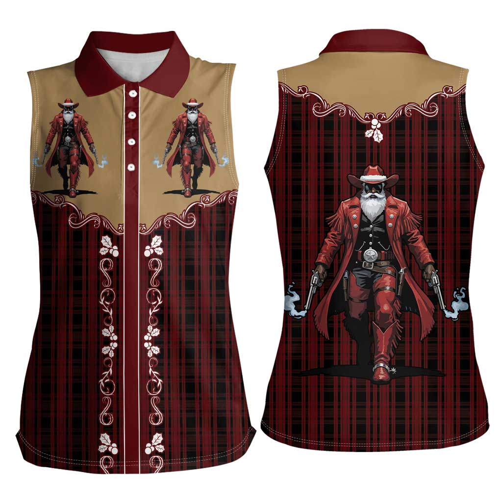 Western Yoke Women Sleeveless Polo Shirt Black Santa Cowboy Retro Style - Wonder Print Shop