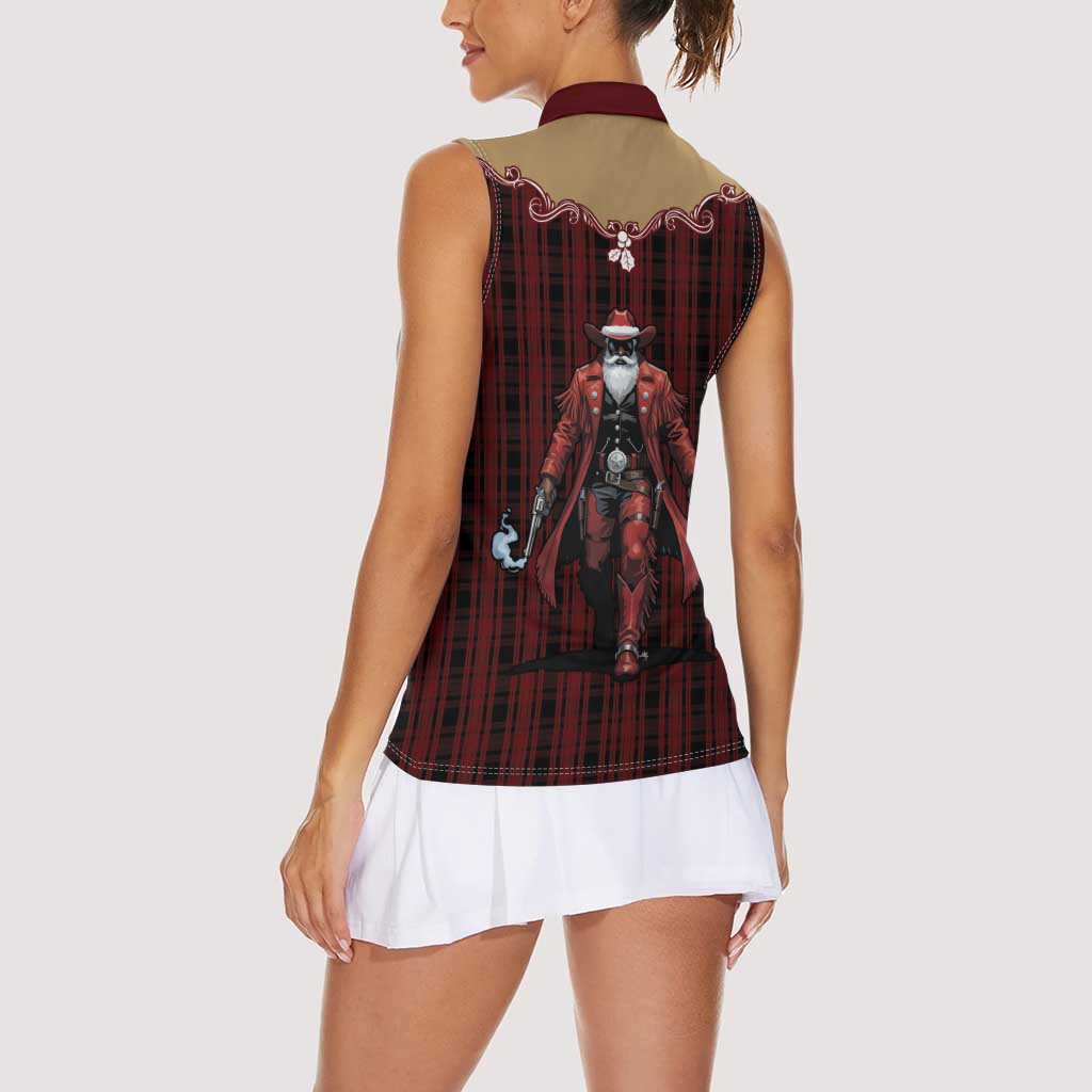 Western Yoke Women Sleeveless Polo Shirt Black Santa Cowboy Retro Style - Wonder Print Shop