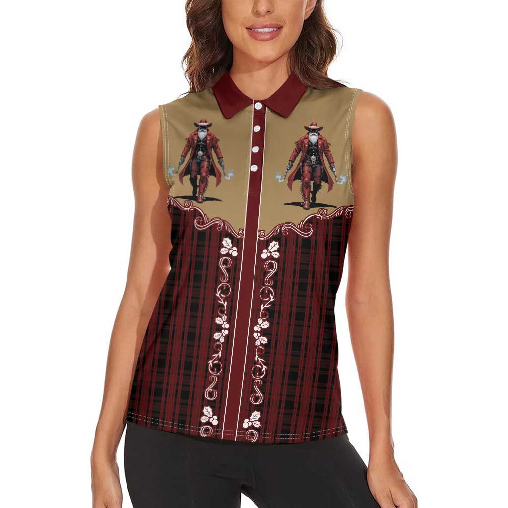 Western Yoke Women Sleeveless Polo Shirt Black Santa Cowboy Retro Style - Wonder Print Shop