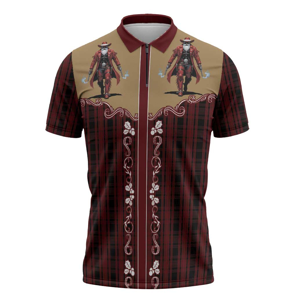 Western Yoke Zipper Polo Shirt Black Santa Cowboy Retro Style - Wonder Print Shop