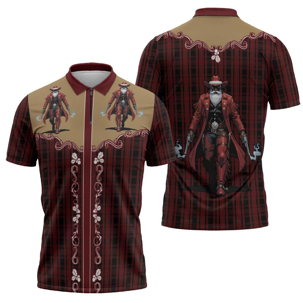 Western Yoke Zipper Polo Shirt Black Santa Cowboy Retro Style - Wonder Print Shop