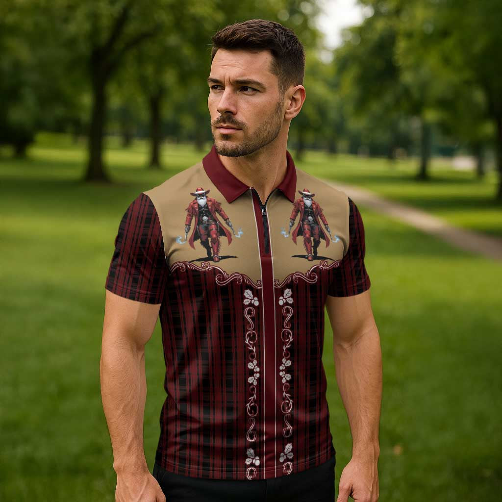 Western Yoke Zipper Polo Shirt Black Santa Cowboy Retro Style - Wonder Print Shop