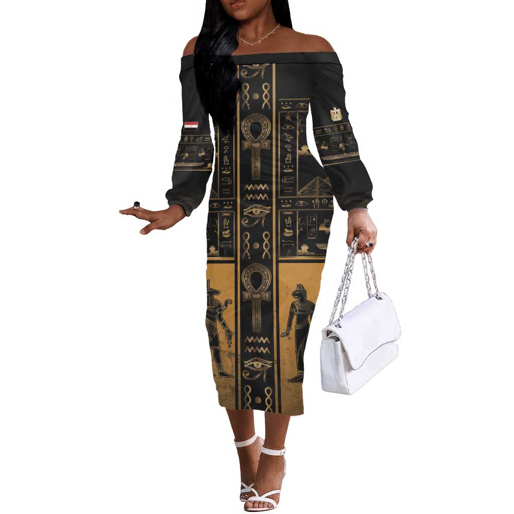 Personalized Egypt Off The Shoulder Long Sleeve Dress Ancient Ankh Luxury - Wonder Print Shop