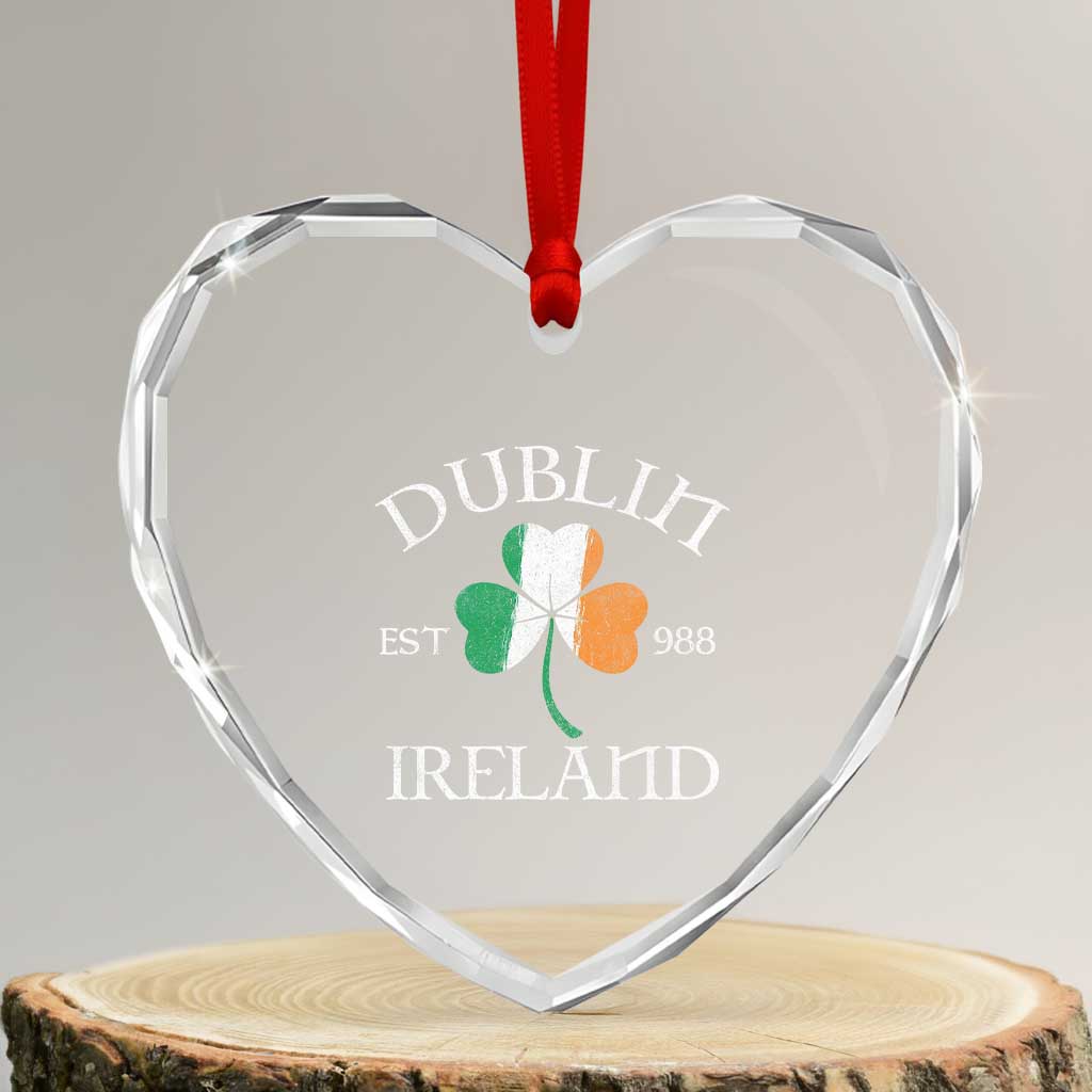 Dublin Ireland Est 988 Heart Crystal Glass Ornament St Patricks Day Shamrock Leaf