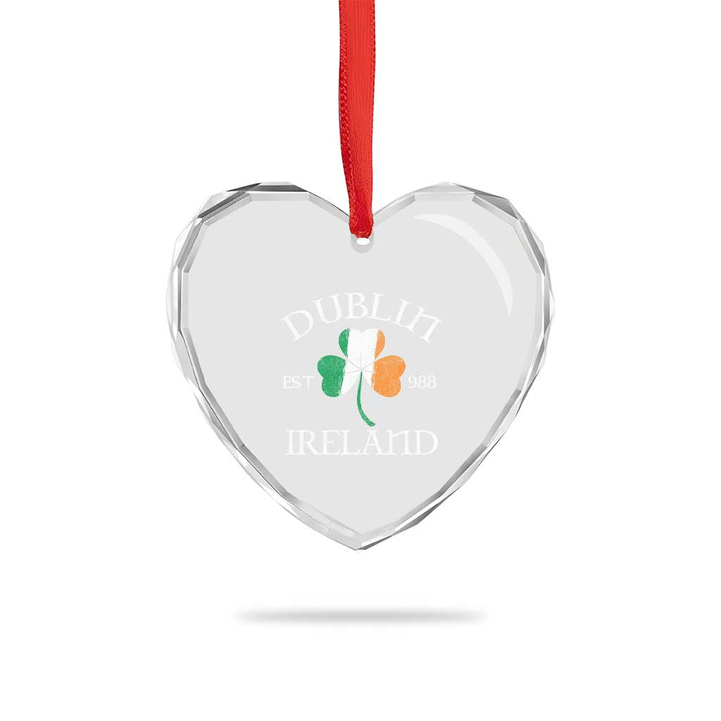 Dublin Ireland Est 988 Heart Crystal Glass Ornament St Patricks Day Shamrock Leaf