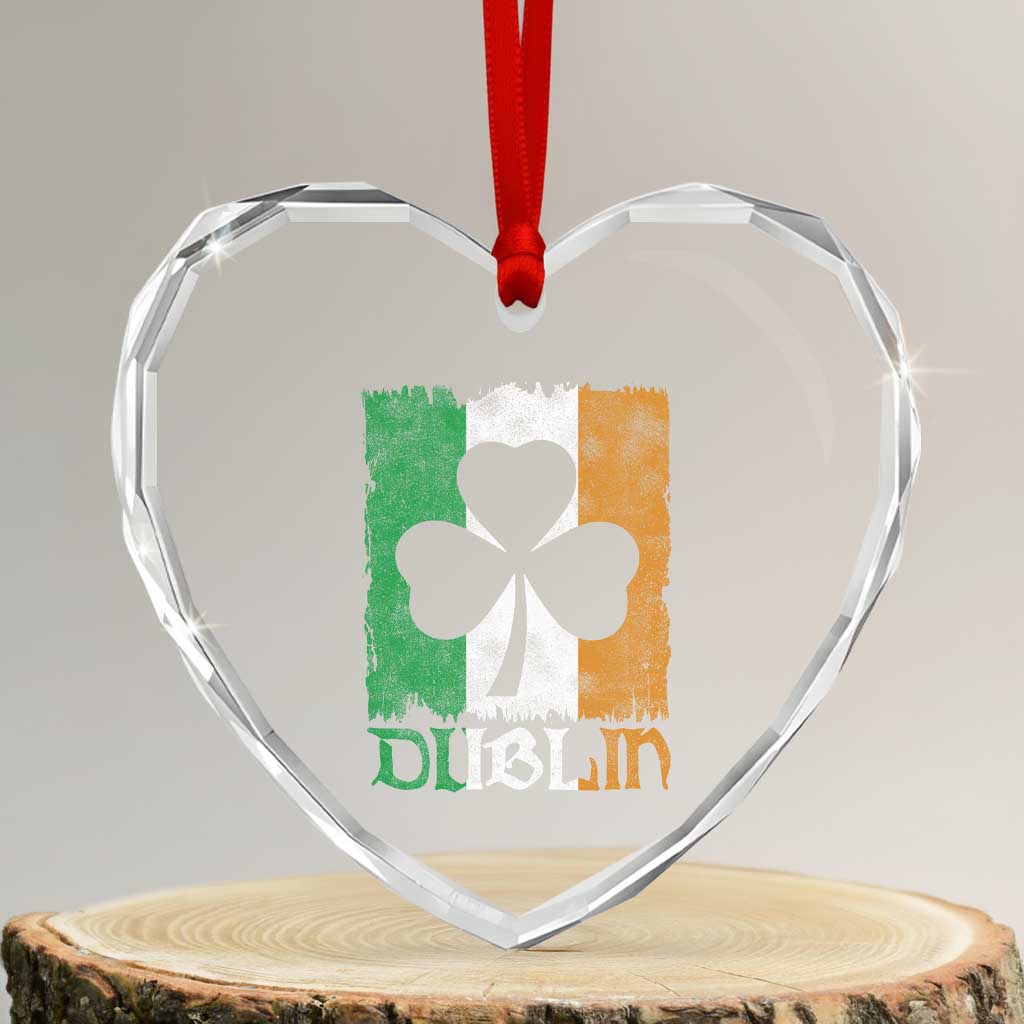 Dublin Ireland St Patricks Day Heart Crystal Glass Ornament Distressed Shamrock Vintage Irish Flag