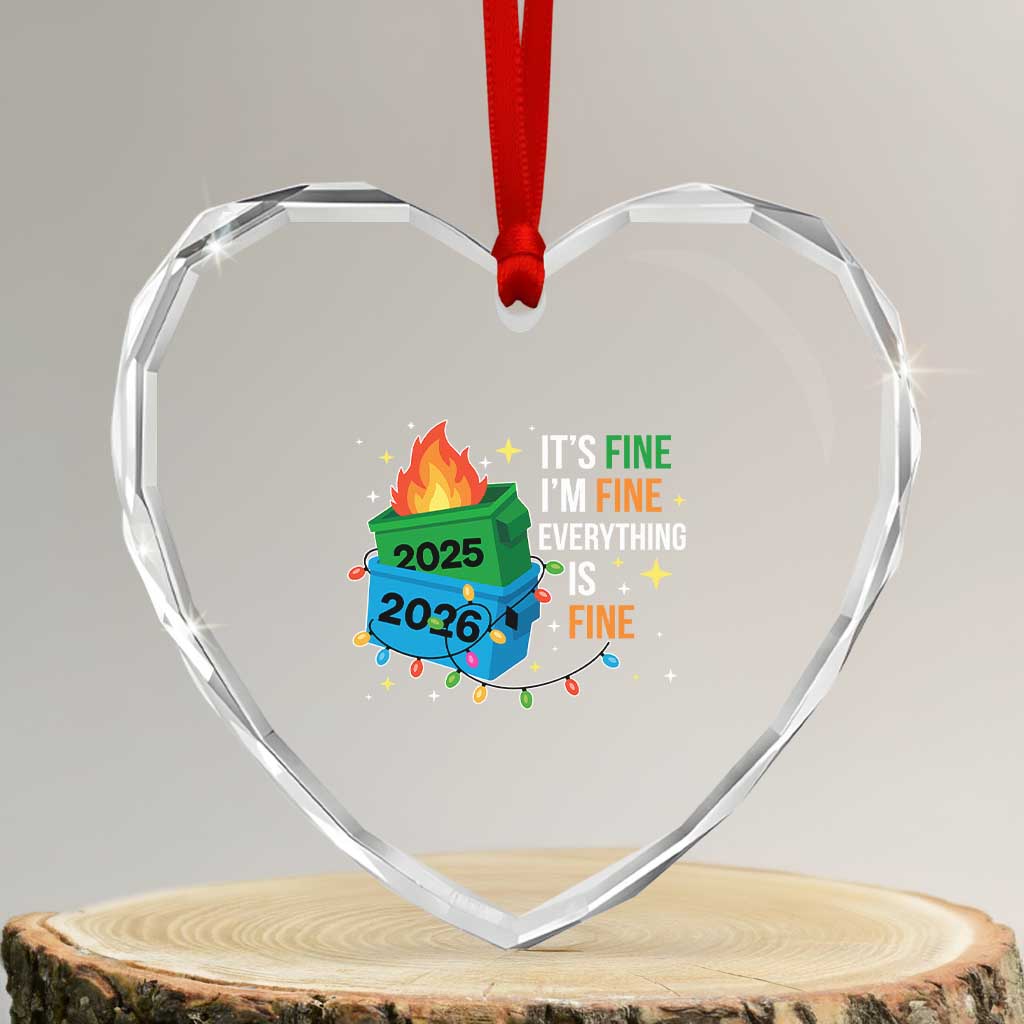 Dumpster Fire Christmas Heart Crystal Glass Ornament Funny It's Fine I'm Fine Everything Is Fine - Wonder Print Shop