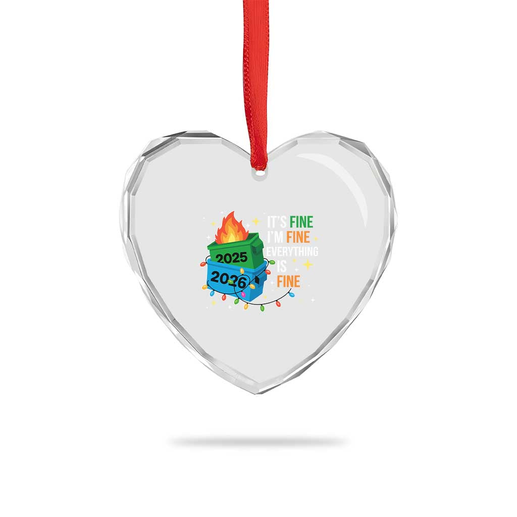 Dumpster Fire Christmas Heart Crystal Glass Ornament Funny It's Fine I'm Fine Everything Is Fine - Wonder Print Shop