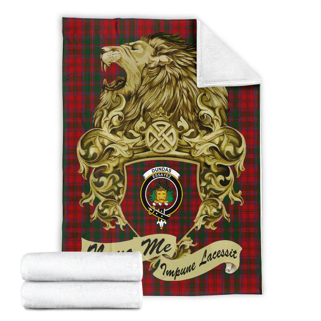 dundas-red-tartan-premium-blanket-motto-nemo-me-impune-lacessit-with-vintage-lion-family-crest-tartan-plaid-blanket-vintage-style