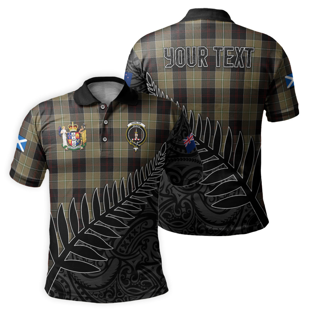 dunlop-hunting-tartan-family-crest-golf-shirt-with-fern-leaves-and-coat-of-arm-of-new-zealand-personalized-your-name-scottish-tatan-polo-shirt