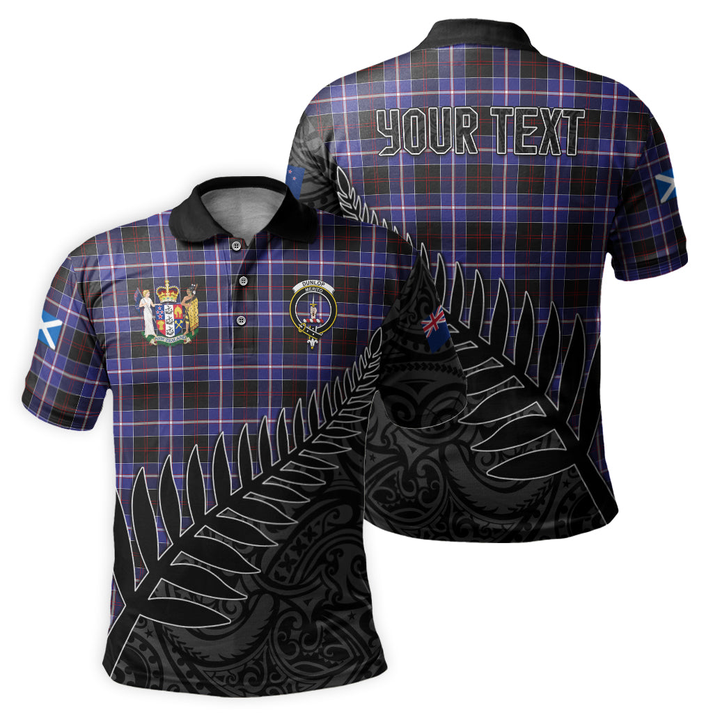 dunlop-modern-tartan-family-crest-golf-shirt-with-fern-leaves-and-coat-of-arm-of-new-zealand-personalized-your-name-scottish-tatan-polo-shirt