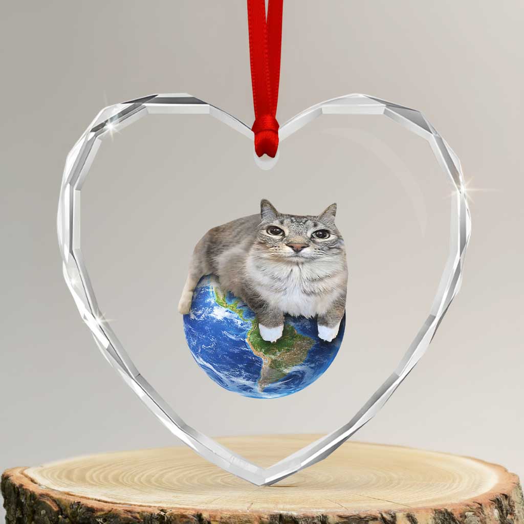 Earth Cat Silly Cat Meme Heart Crystal Glass Ornament