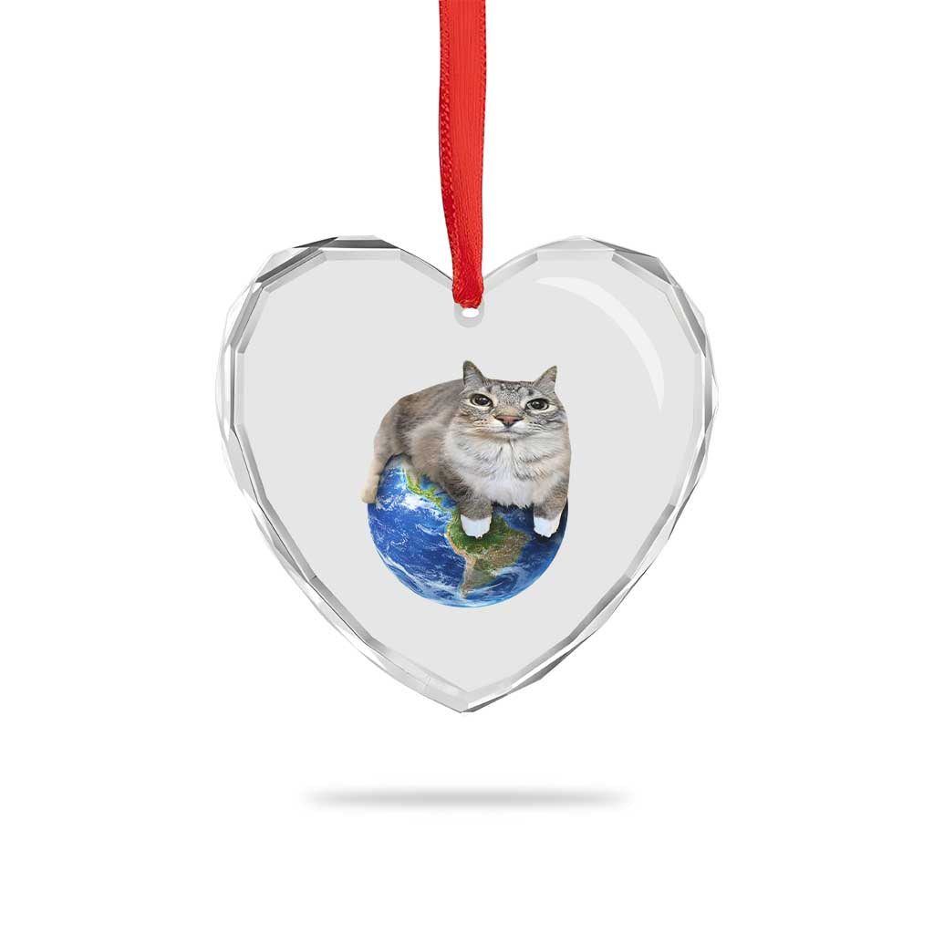 Earth Cat Silly Cat Meme Heart Crystal Glass Ornament