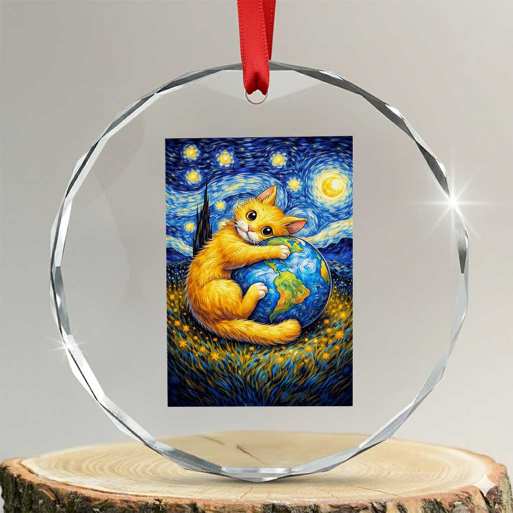 Earth Day Crystal Glass Ornament Starry Night Cat Hugging Earth