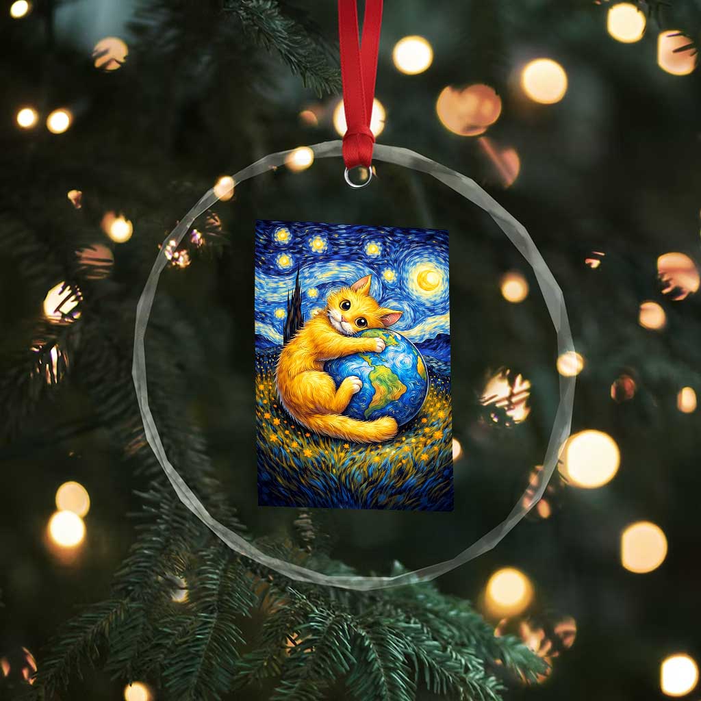 Earth Day Crystal Glass Ornament Starry Night Cat Hugging Earth