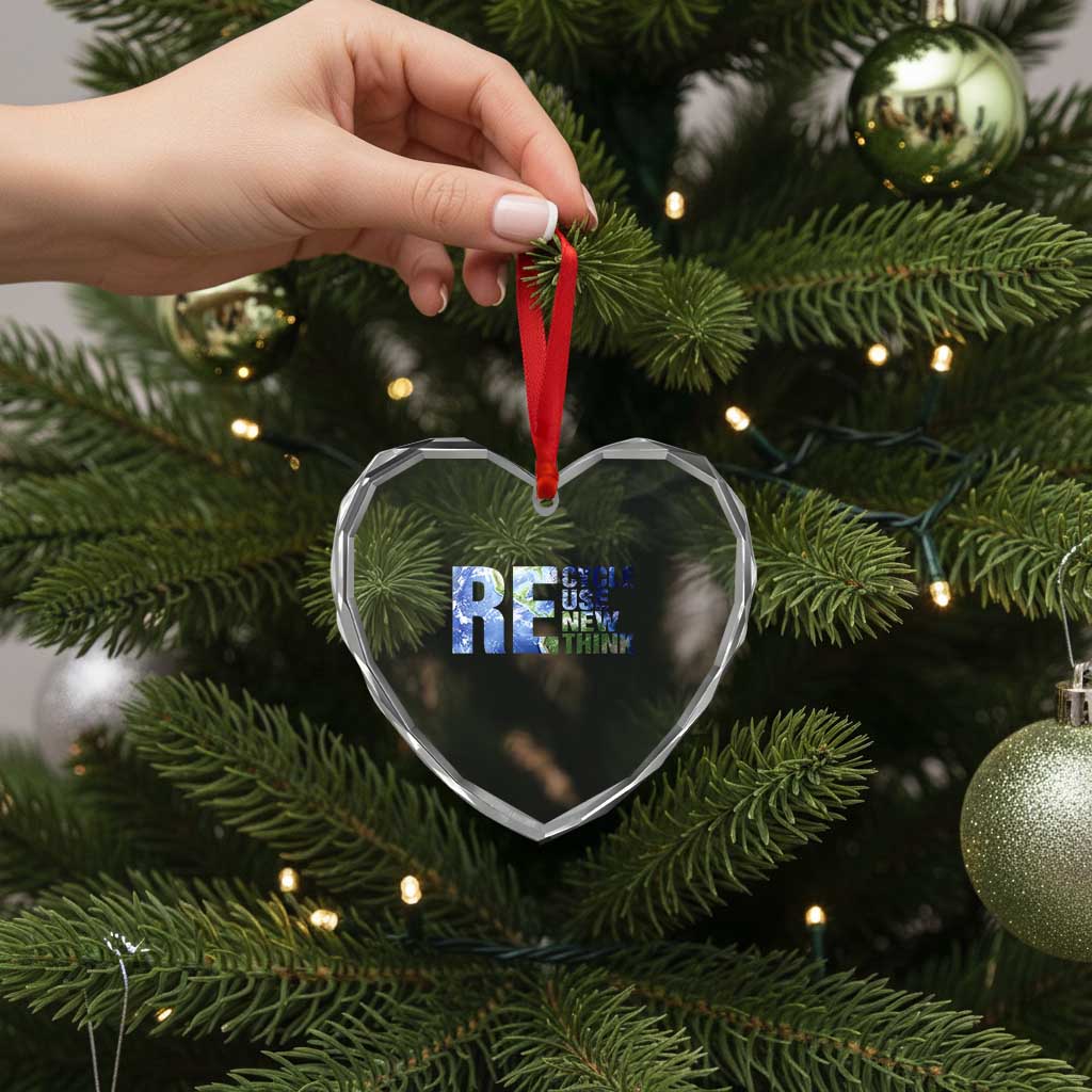 Earth Day Heart Crystal Glass Ornament Recycle Reuse Renew Rethink