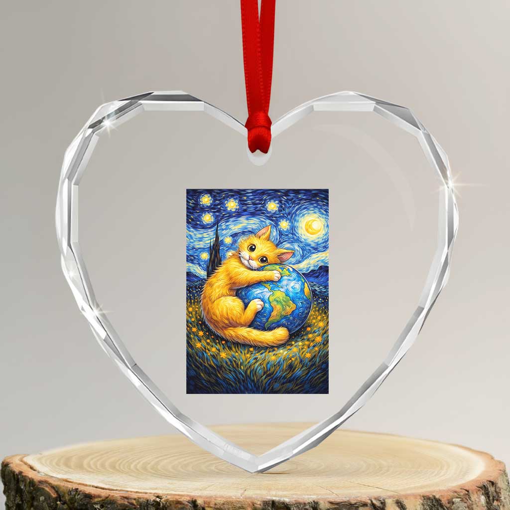 Earth Day Heart Crystal Glass Ornament Starry Night Cat Hugging Earth