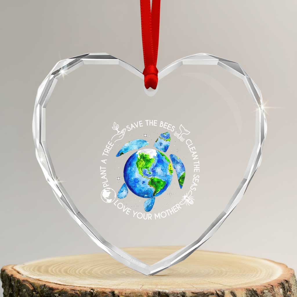 Earth Day Sea Turtle Heart Crystal Glass Ornament Save Bees Plant Trees Clean Seas Environmentalist