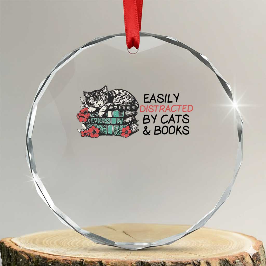 Easily Distracted By Cats And Books Crystal Glass Ornament Lazy Kitty Book Lover TS12