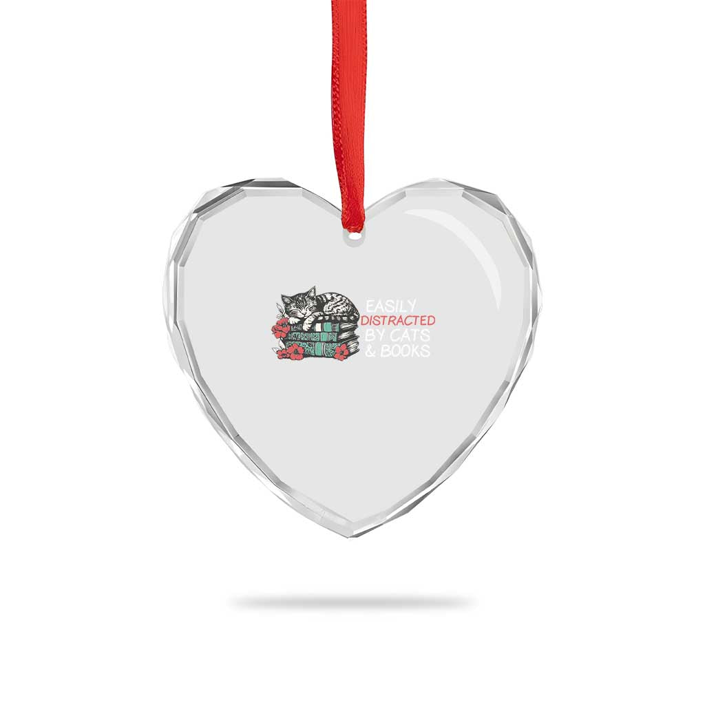 Easily Distracted By Cats And Books Heart Crystal Glass Ornament Funny Book Lover Gift - Wonder Print Shop