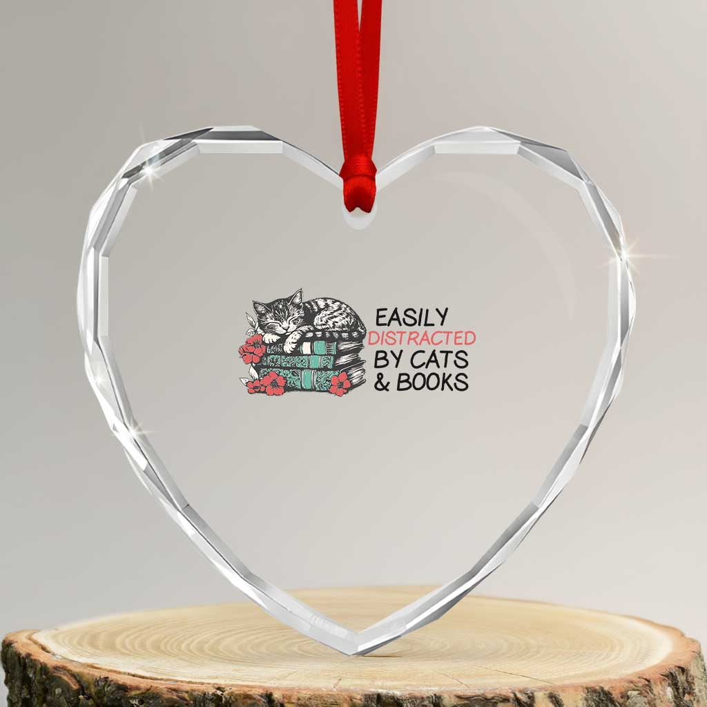 Easily Distracted By Cats And Books Heart Crystal Glass Ornament Lazy Kitty Book Lover - Wonder Print Shop