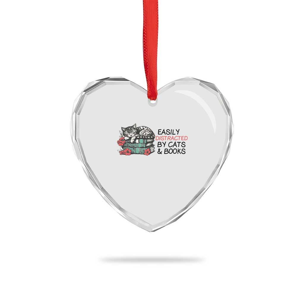 Easily Distracted By Cats And Books Heart Crystal Glass Ornament Lazy Kitty Book Lover - Wonder Print Shop
