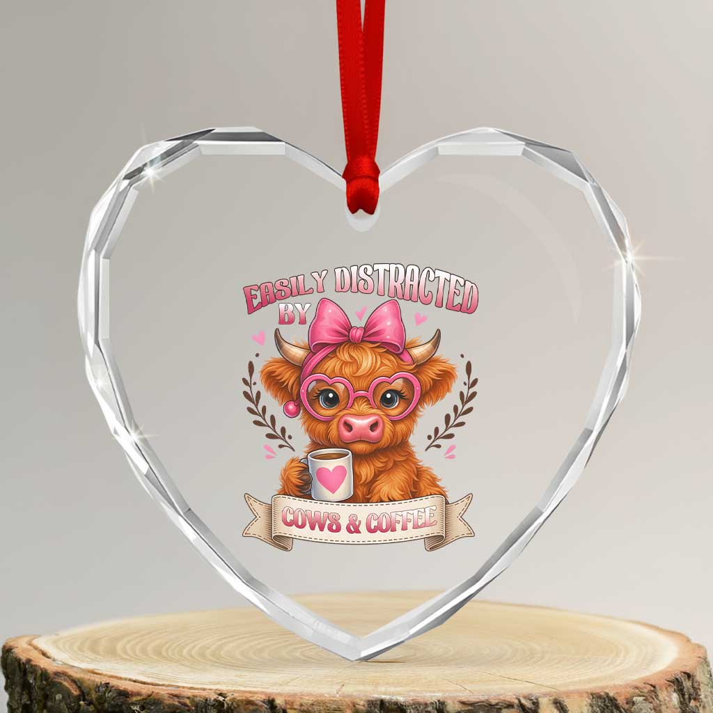 Easily Distracted By Cow And Coffee Heart Crystal Glass Ornament Funny Highland Cow - Wonder Print Shop
