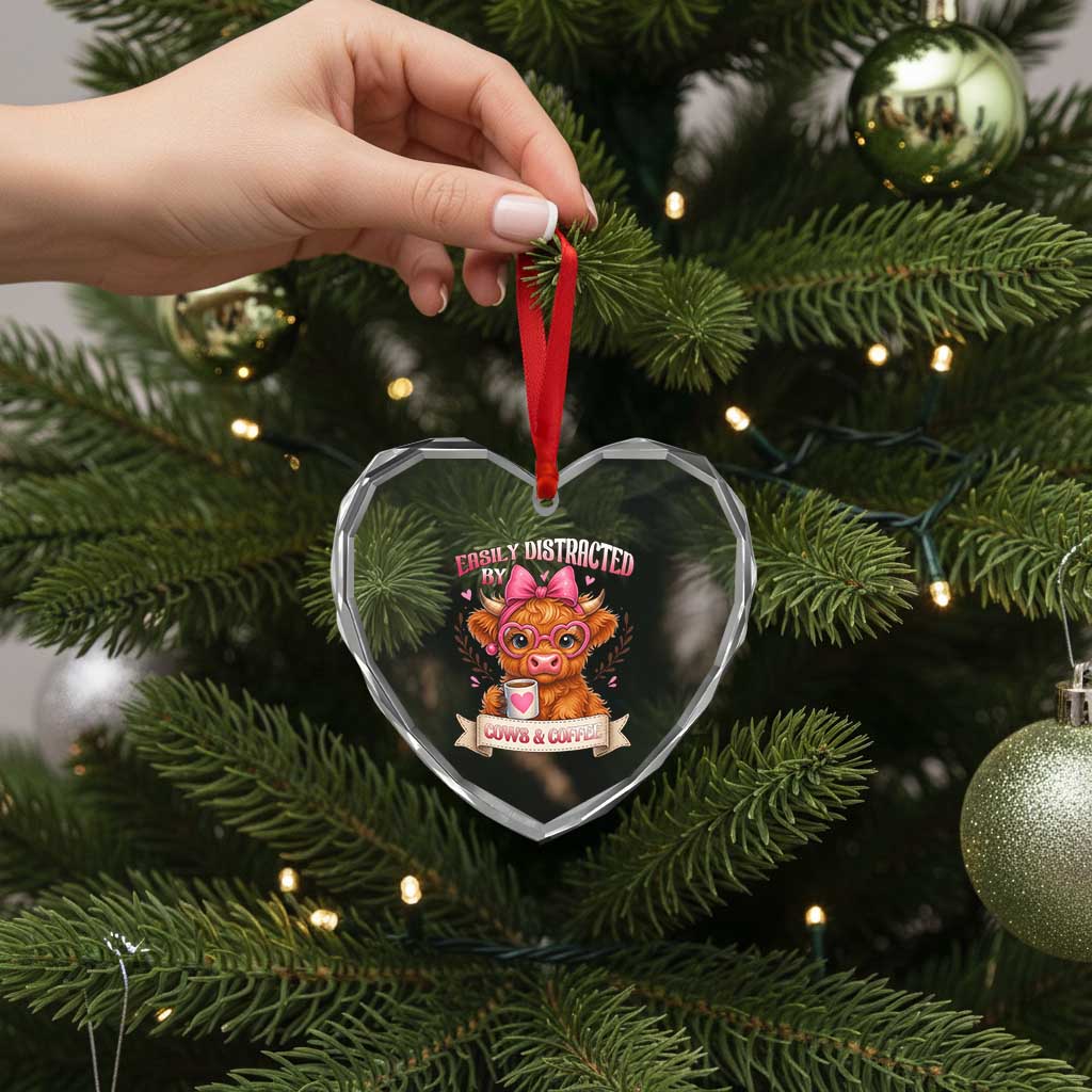 Easily Distracted By Cow And Coffee Heart Crystal Glass Ornament Funny Highland Cow - Wonder Print Shop