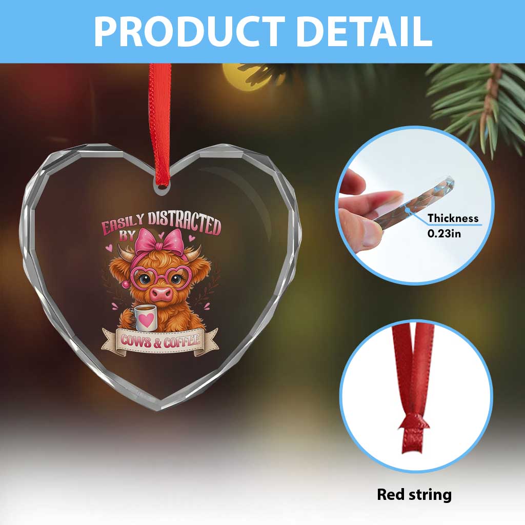 Easily Distracted By Cow And Coffee Heart Crystal Glass Ornament Funny Highland Cow - Wonder Print Shop