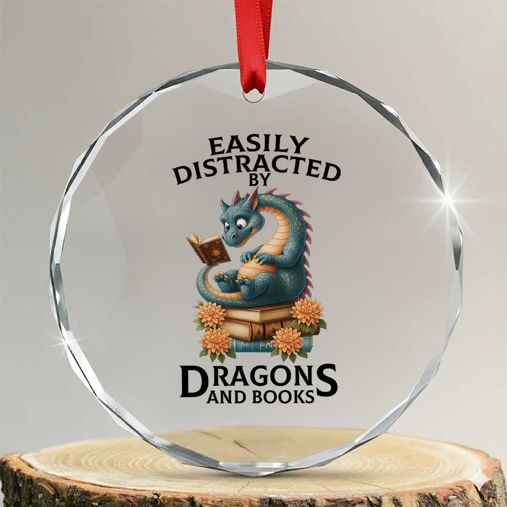 Easily Distracted By Dragon And Books Crystal Glass Ornament Cute Book Lover Gift TS12