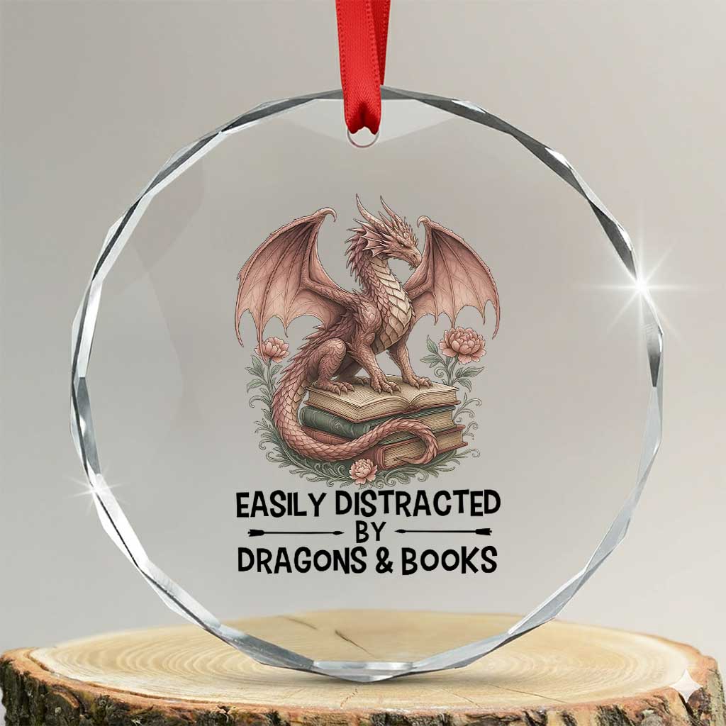 Easily Distracted By Dragon And Books Crystal Glass Ornament Funny Book Lover TS12
