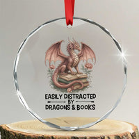 Easily Distracted By Dragon And Books Crystal Glass Ornament Funny Book Lover TS12