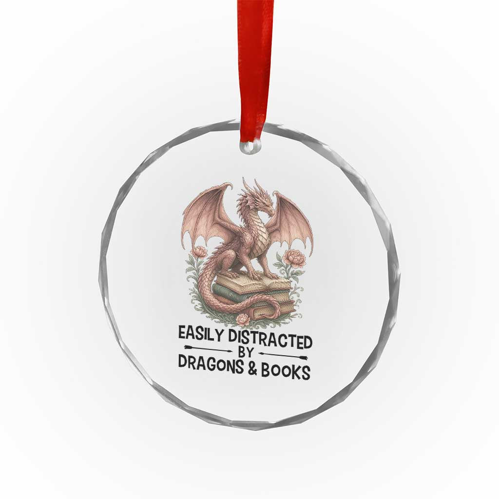 Easily Distracted By Dragon And Books Crystal Glass Ornament Funny Book Lover TS12