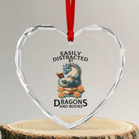 Easily Distracted By Dragon And Books Heart Crystal Glass Ornament Cute Book Lover Gift - Wonder Print Shop