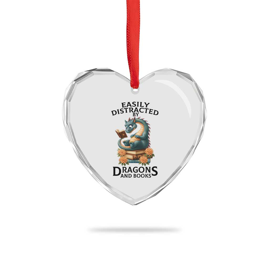 Easily Distracted By Dragon And Books Heart Crystal Glass Ornament Cute Book Lover Gift - Wonder Print Shop