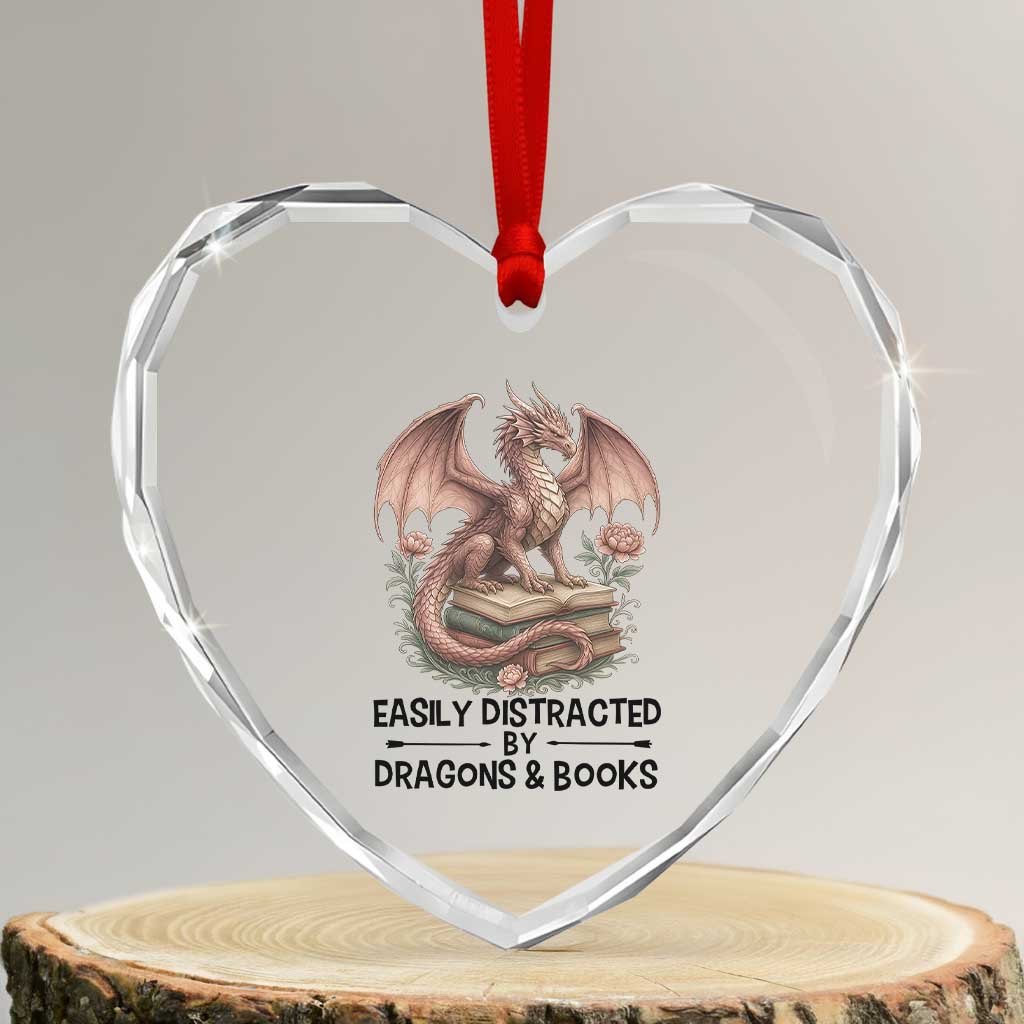 Easily Distracted By Dragon And Books Heart Crystal Glass Ornament Funny Book Lover - Wonder Print Shop
