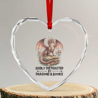 Easily Distracted By Dragon And Books Heart Crystal Glass Ornament Funny Book Lover - Wonder Print Shop