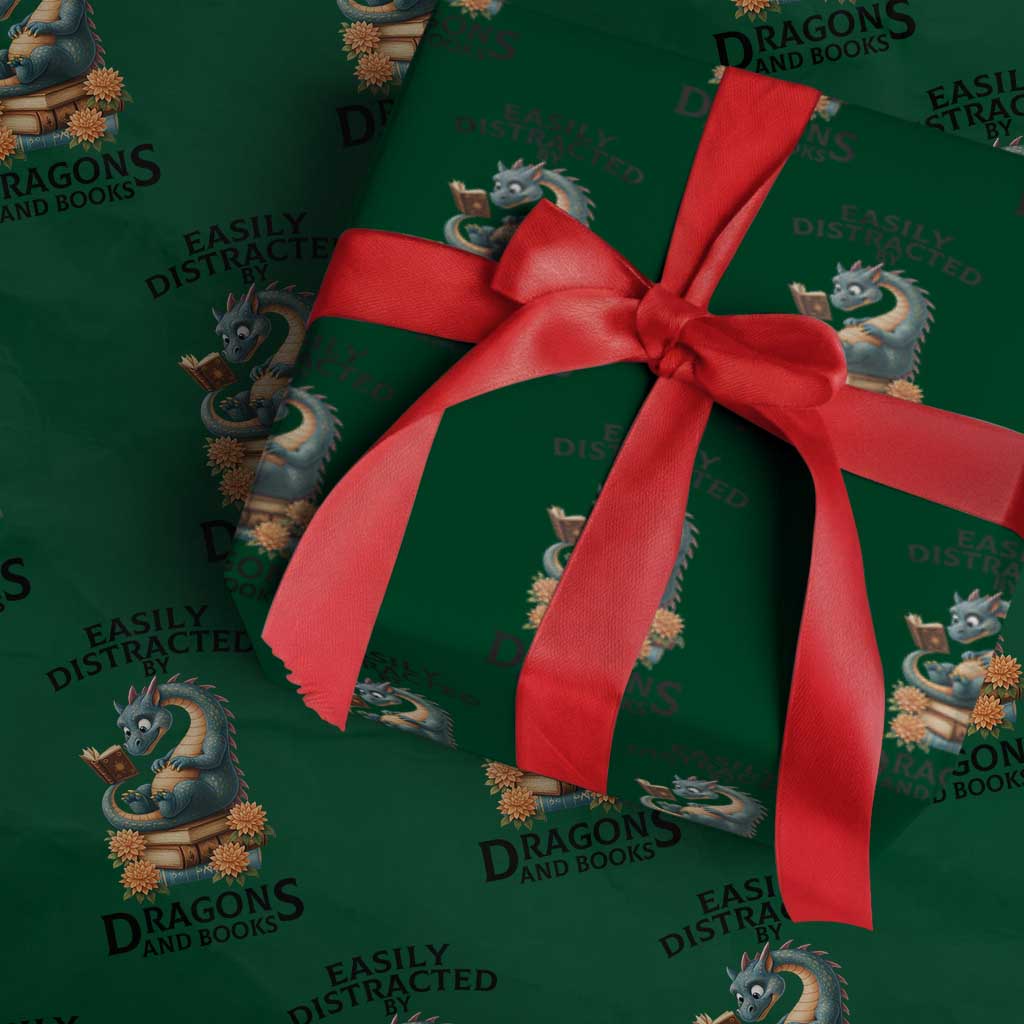 Easily Distracted By Dragon And Books Wrapping Paper Roll Cute Book Lover Gift - Wonder Print Shop