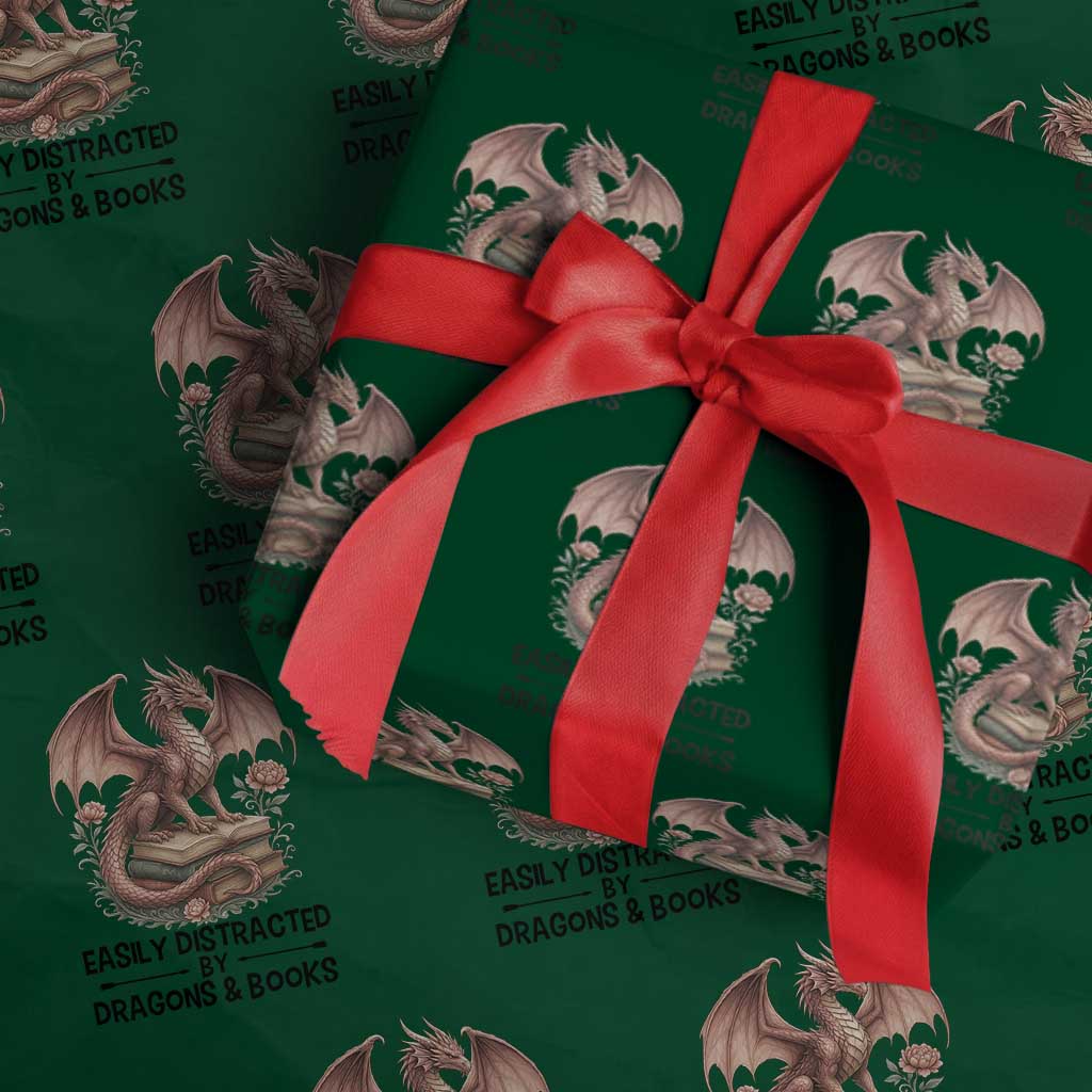 Easily Distracted By Dragon And Books Wrapping Paper Roll Funny Book Lover - Wonder Print Shop