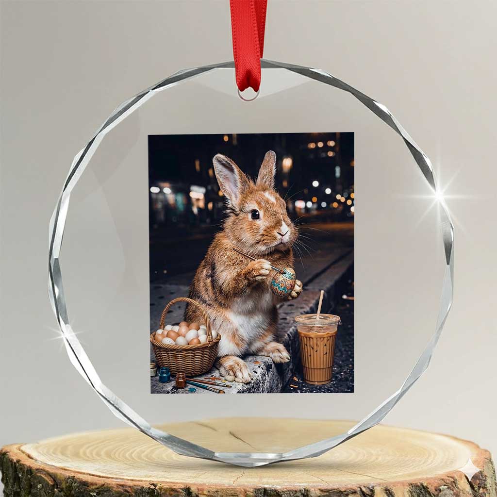Easter Bunny Iced Coffee Crystal Glass Ornament Funny Rabbit Egg Painting