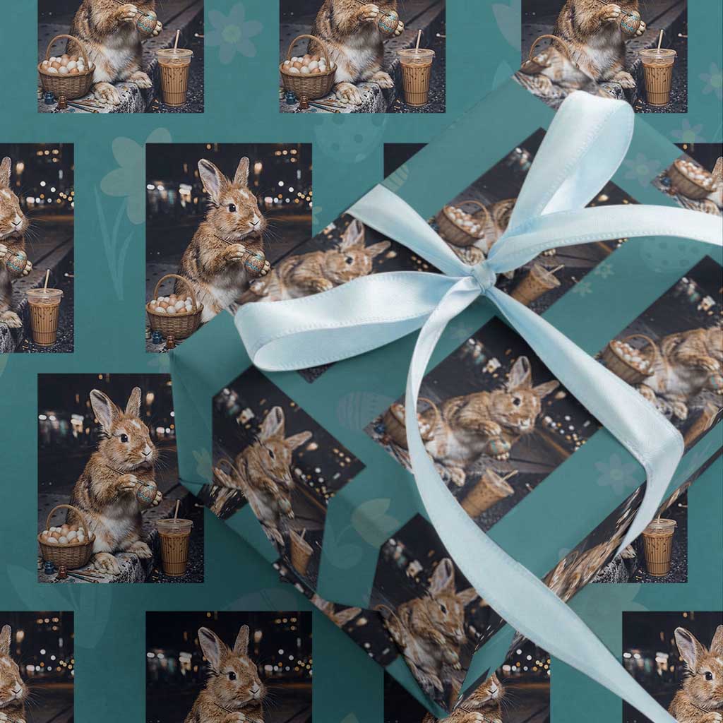 Easter Bunny Iced Coffee Wrapping Paper Roll Funny Rabbit Egg Painting