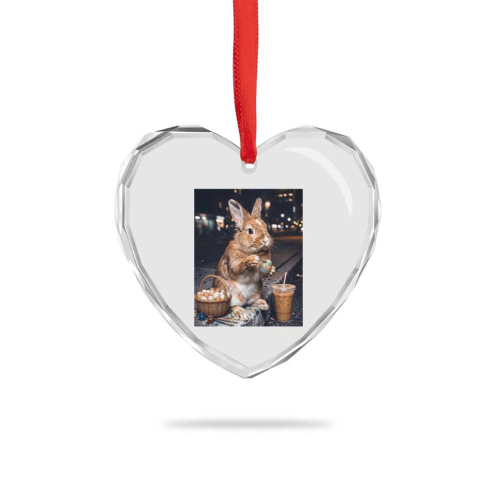 Easter Bunny Iced Coffee Heart Crystal Glass Ornament Funny Rabbit Egg Painting