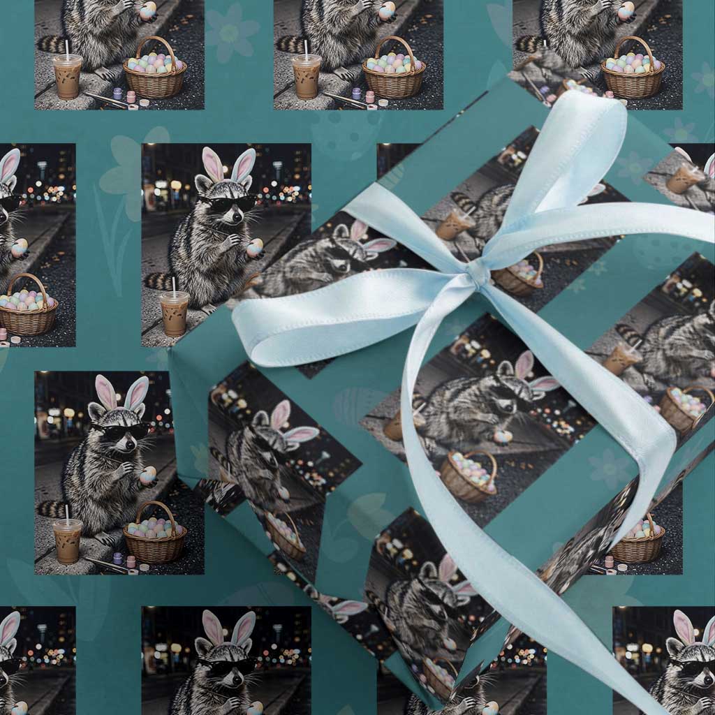 Easter Raccoon Iced Coffee Wrapping Paper Roll Funny Trash Panda Egg Painting